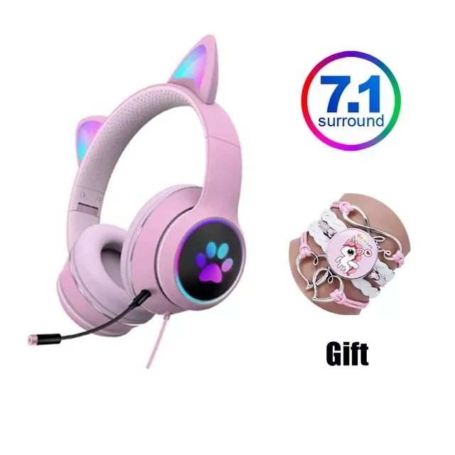 

Cat Ear Gamer Headset Girl Cute Headset Double Noise-Cancelling Headphone With Microphone RGB Light Virtual 7.1 Auriculares Gift