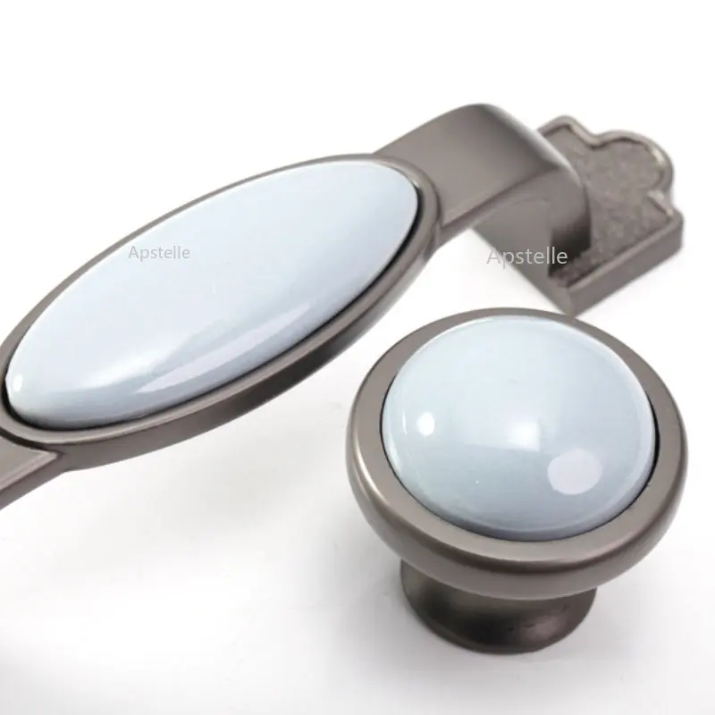 

European Ceramic Handles Kitchen Cabinet Pearl Gray and Blue Zinc Alloy Wardrobe Door Pulls Furniture Hardware