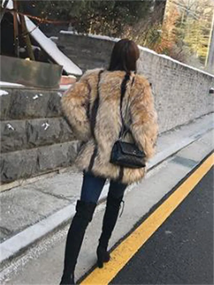 Faux Fox Fur Marbled Coat Women Mid-length Trendy Mixed Color Imitation Raccoon Fur Jacket Winter Thick Warm Outer Wear N1517