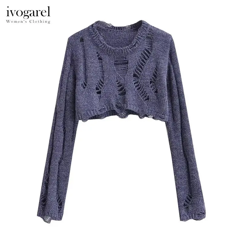 

Ivogarel Ripped Knit Arm Warmers Women's Pullover Sweater with Long Sleeve, Round Neck, and Distinctive Ripped Details