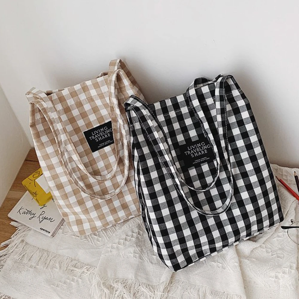 

Women Plaid Canvas Tote Shoulder Bag New Large Capacity Eco-Friendly Shopping Bag Fashion Popular Handbags for Women 2022