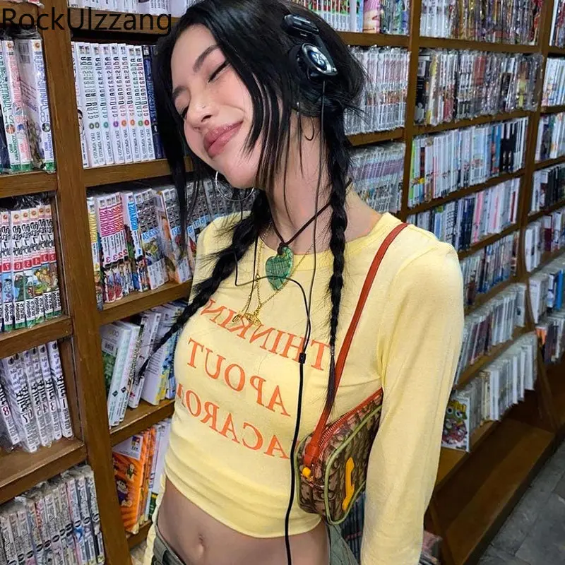 Letter Graphic Print Bodycon Crop Top Yellow T-Shirt Sexy Slim Cotton T Shirt Cropped Women Cloth harajuku grunge aesthetic y2k