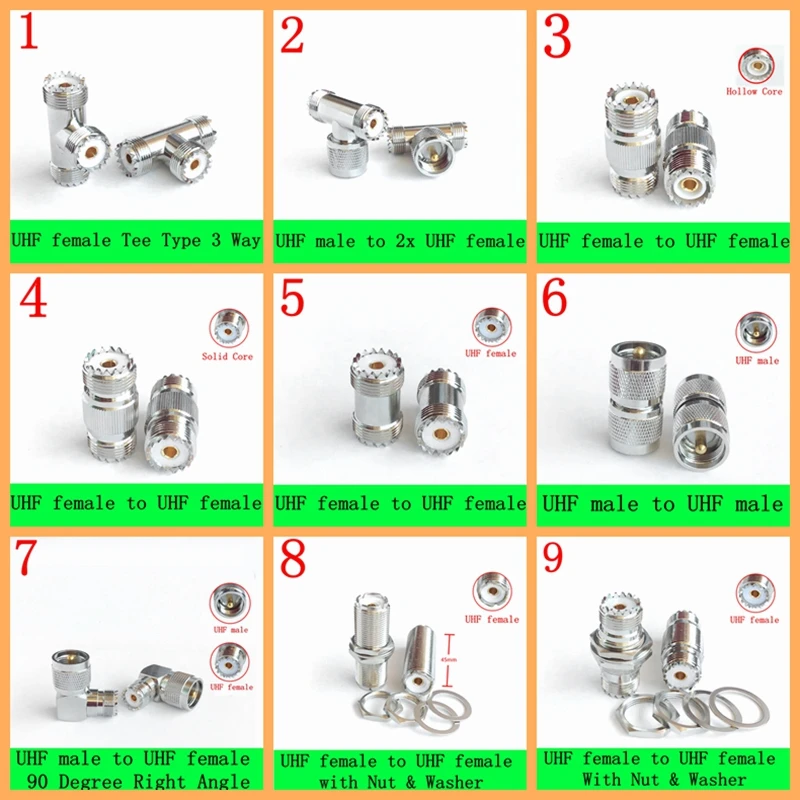 

1Pcs SL16 UHF TO UHF PL259 SO239 Male Plug & Female Jack Straight & 90 Degree Right Angle&3 WAY T Type & with Nut Connector
