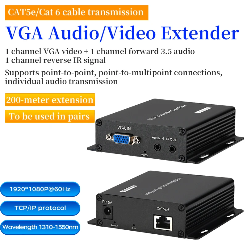 

VGA Network Extender VGA to RJ45 network port 1 channel VGA video 1 channel forward 3.5audio 1 channel reverse IR 200m extension