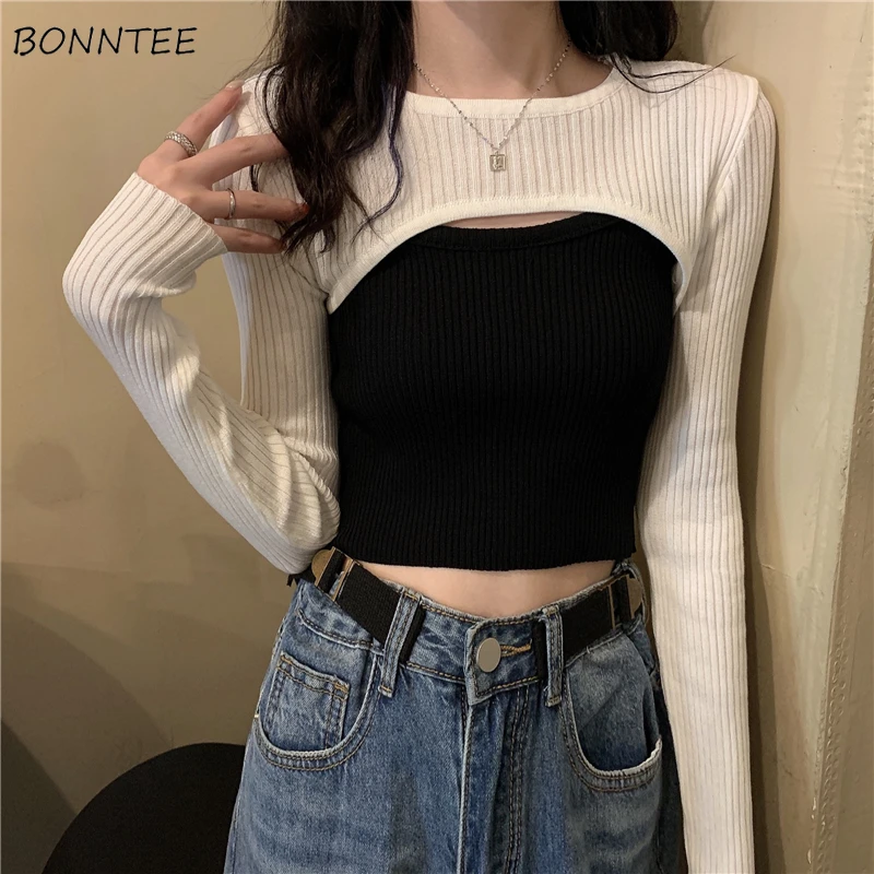 

Pullovers Women Slim Cropped Popular Streetwear Stretchy Ins Simple All-match Solid Daily Knitted Mujer De Moda Hipster Sweater