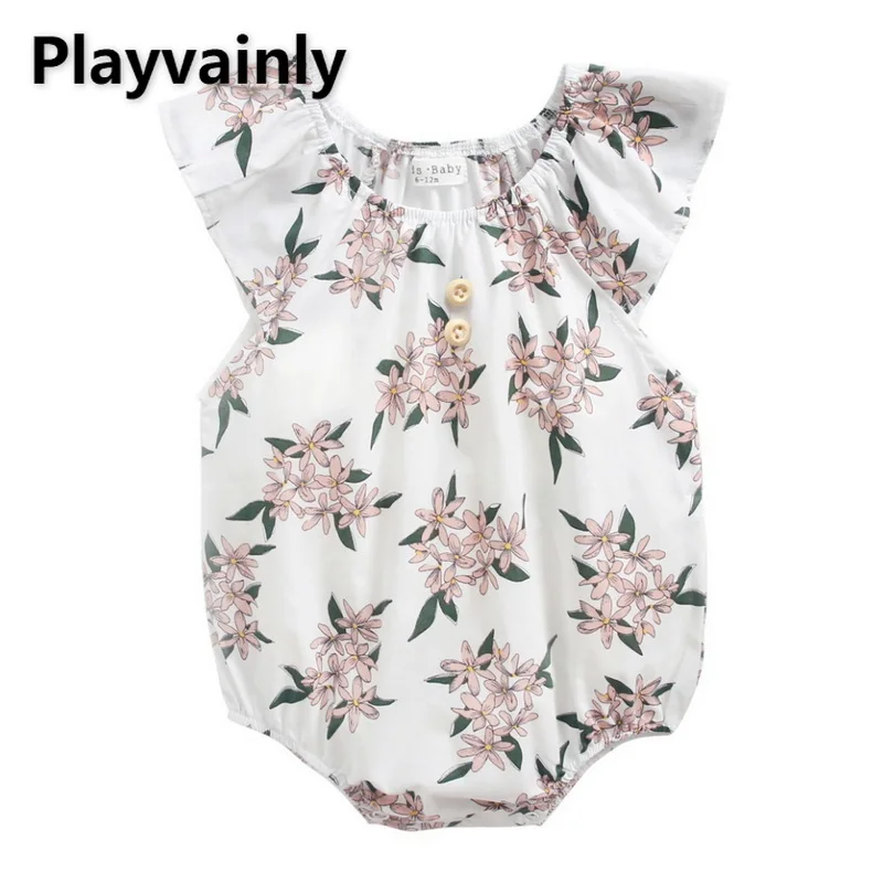 

Новинка 2022, летний Боди для маленьких девочек, хлопковый комбинезон с короткими расклешенными рукавами и круглым вырезом, с цветочным принт...
