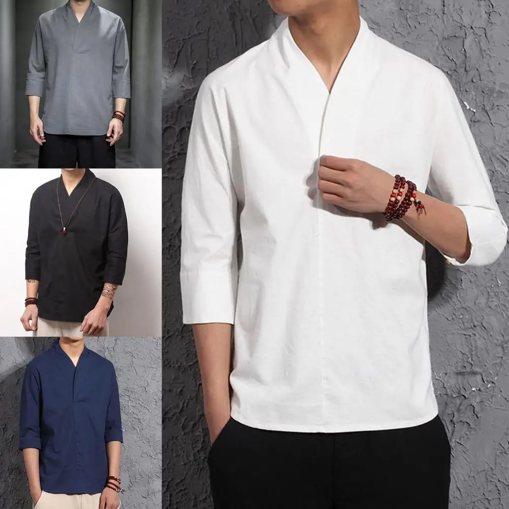 

Terrific Men T-shirt Chinese Style All Match Wear-resistant Three Quarter Sleeve Spring T-shirt