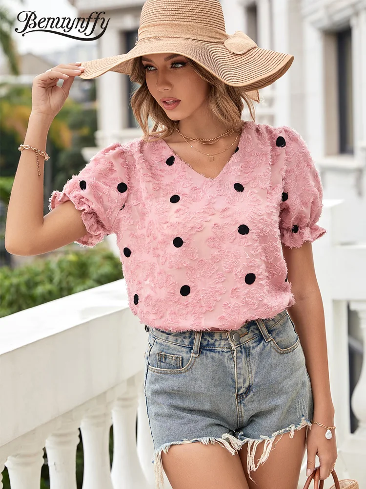 

Женская шифоновая блузка в горошек, с коротким рукавом и V-образным вырезом