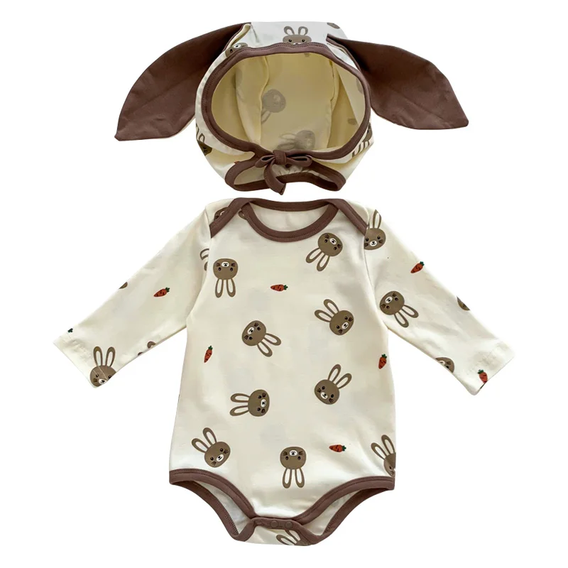

Детский комбинезон с мультяшным кроликом для мальчиков и девочек, демисезонный комбинезон для новорожденных с шапкой, корейский комбинезон для младенцев, цельная одежда для малышей