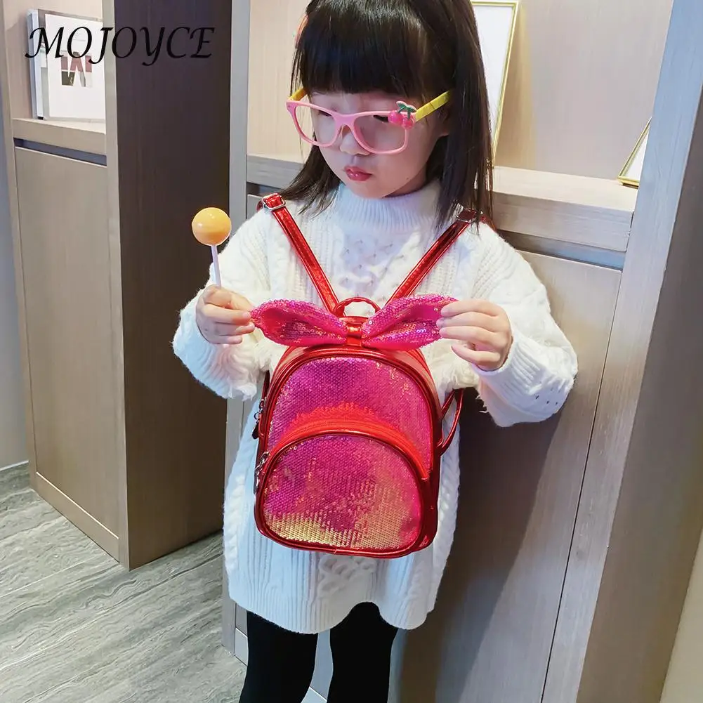 

Hot Selling Cartoon Bowknot Travel Backpacks Fashion Durable Kids Girls PU Leather Travel Sequins School Knapsack