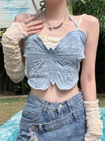 deeptown y2k butterfly jeans crop top backless strap camis women 90s sexy blue sleeveless tank tops summer mini vest tee e girl