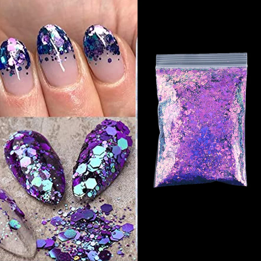 

50G Nail Art Chameleon Sequins Gel Polish With Flakes Mix Size Hexagon Chunky Glitter Bulk Paillette Manicures Nails Decoration