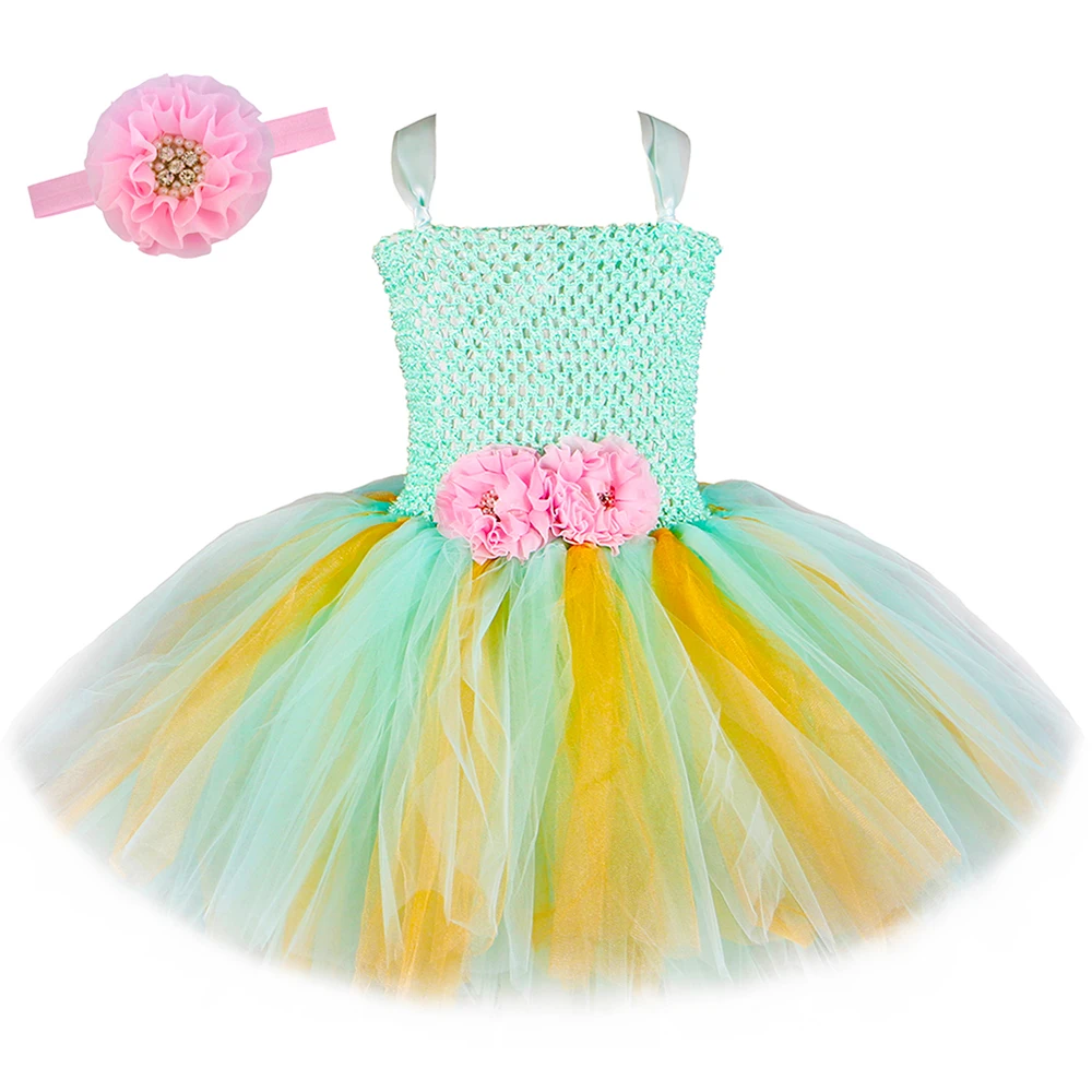 

Girls Flower Fairy Tutu Dress Gold And Mint With Flower Hairband Kids Holiday Carnival Party Dress Toddler Girl Princess Costume