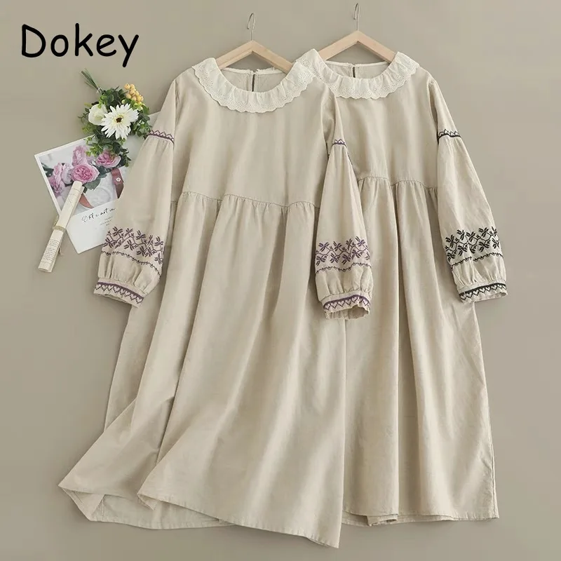 Платье женское хлопковое с рукавами-фонариками и вышивкой в японском стиле