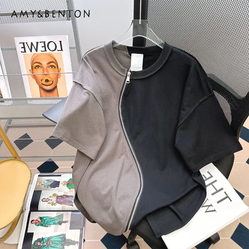 

American-Style Fashion Irregular Zipper Short-Sleeved T-shirt Tees Pullovers Summer Unique Loose Casual Top Tshirt Women Clothes