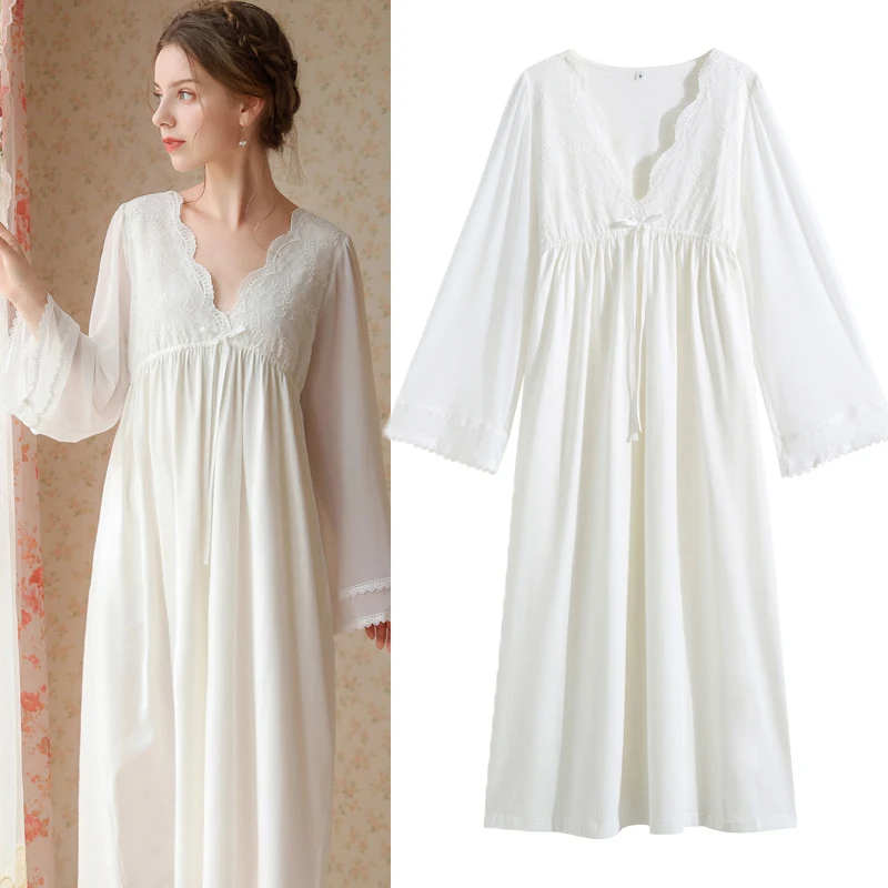 

Cotton Long Nightgown for Women Retro French Palace Style Nightdress Sleepwear Spring Summer V-Neck Home Wear Lounge Wear
