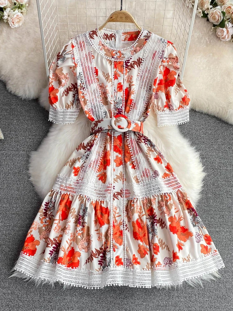 

Summer Vintage Women Lace Patchwork Printed Dress Elegant Round Neck Short Sleeve High Waist Slim Vacation Beach Vestidos Female
