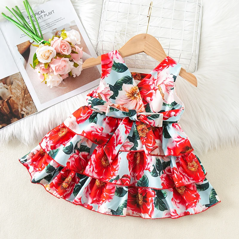 

PatPat Baby Girl Allover Floral Print Sleeveless Belted Layered Dress