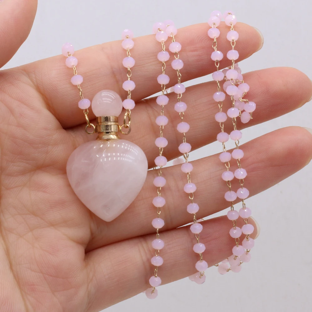 

Natural Rose Quartz Stone Perfume Bottle Pendant Crystal Bead Chain Heart Shape Necklace For Women Jewelry Quartz Chain Necklace