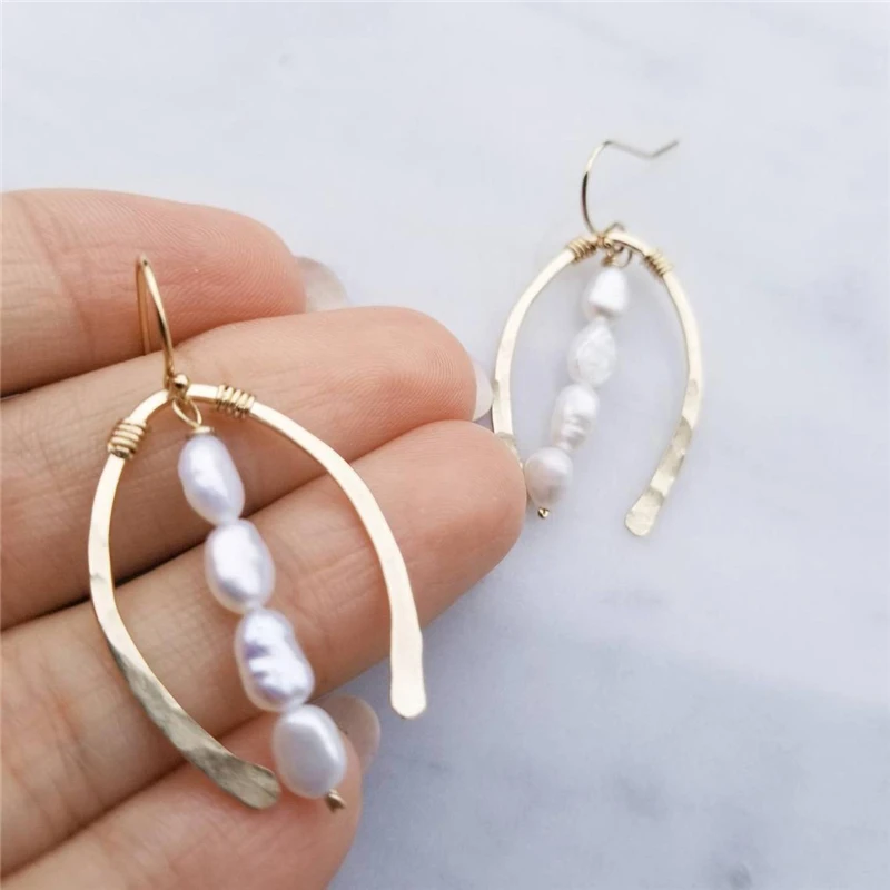 

14K Gold Filled Hammered U Earrings Natural Pearl Jewelry Earrings Minimalism Oorbellen Brincos Pendientes Boho Drop Earrings