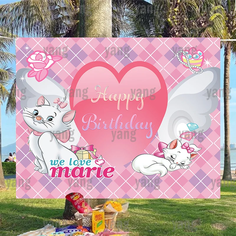 

Romantic Pink Disney Baby Shower Marie Cat Background Love Heart Lace Wedding Party Supplies The AristoCats Backdrop Birthday