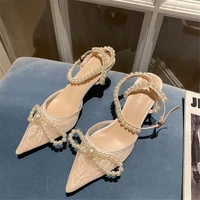 fashion sandals temperament new mesh pearl baotou stiletto sandals pointed bow high heels women shoes summer new 2022 35 40