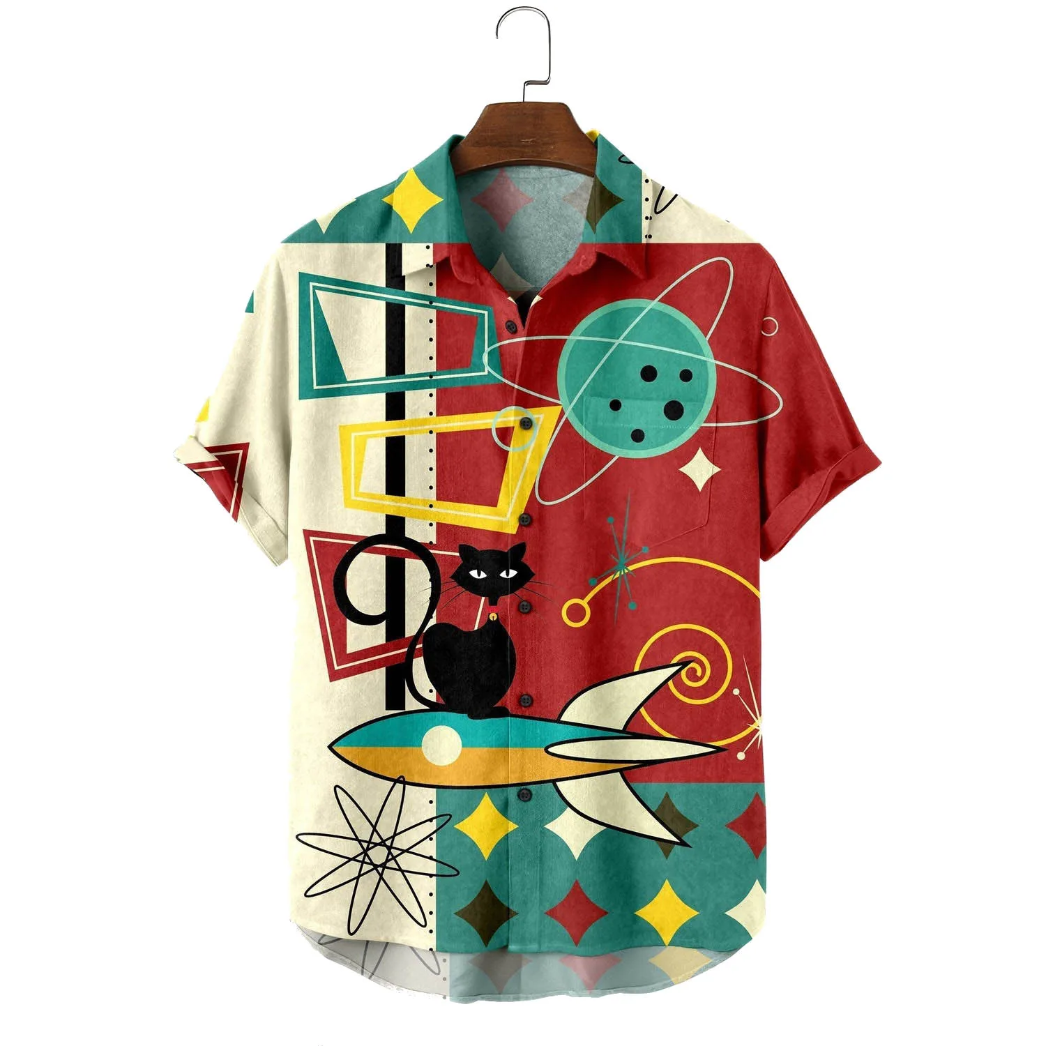 

Men's Fashion Vintage Clothing Cosmic Cat Print Casual Shirt