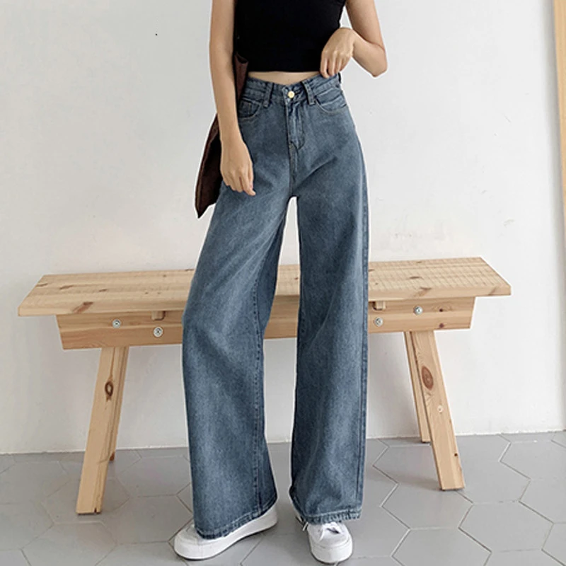 

Fashion Loose Ladies Straight Jeans Trousers Summer Autumn High Waist Casual Female Floor-Length Denim Pants 2021