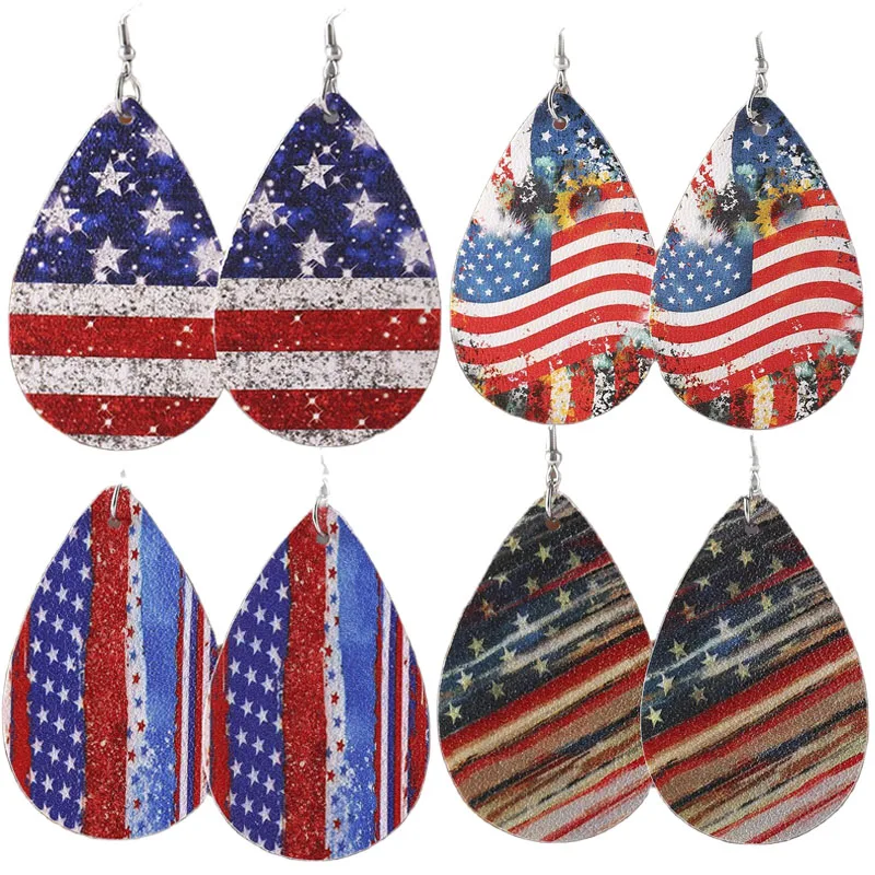 

Hot US Independence Day Flag Stripe Water Drop Earrings For Women Creative Pentagram Patriotic Jewelry Leather Earring Wholesale