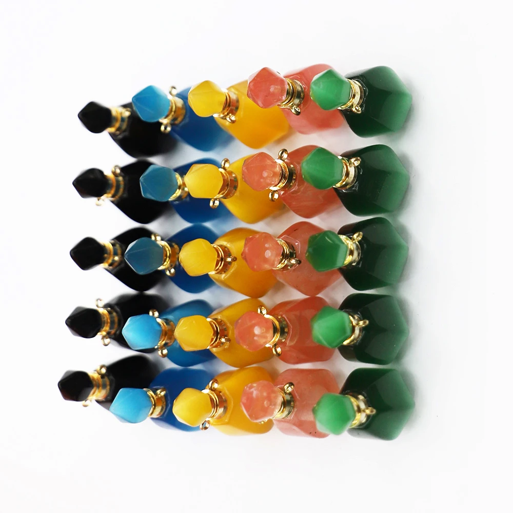 Natural Stone Perfume Bottle Pendant Polygon Pumpkin Shaped Sweater Chain DIY Fashion Creative Jewelry Necklace Accessories 1Pcs
