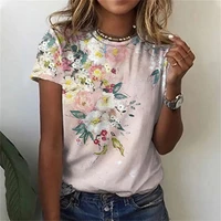 2022 summer hot sale regular round neck polyester ladies t shirt high street new short sleeve fashion floral pattern 3d printing