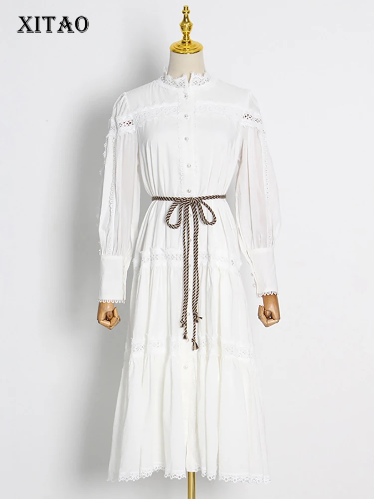 

XITAO French Folds Lace Splicing Dress Solid Color Casual Loose Fashion Long Sleeve Stand Collar Women Autumn New ZY7496