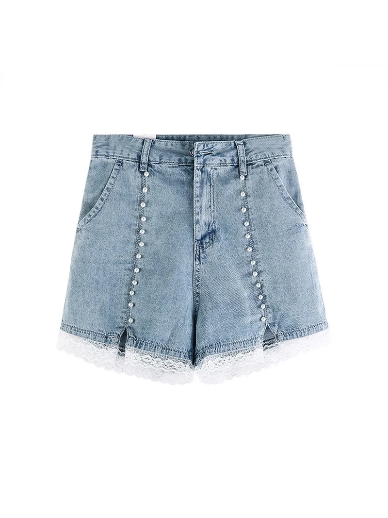 Sweet Y2k Pearl Lace Denim Shorts 2023 Korean Women Summer Sexy High Waist Straight Jeans Shorts Casual Loose Wide Legs Shorts