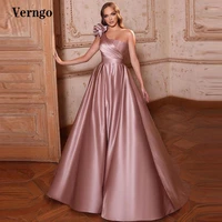 verngo modern dusty pink satin evening dreses one shoulder 3d flowers shoulder floor length prom dress pageant formal gowns