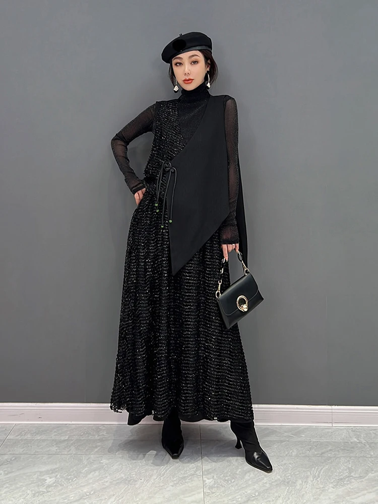 

XITAO/Модные свободные комплекты с платьем, Яркий шелковый лоскутный Асимметричный жилет с кисточками и пуговицами, топ и юбка, комплекты из двух предметов, WLD10120