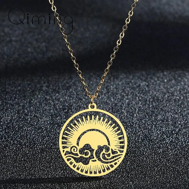

Stainless Steel Cloud Sun Rainbow Pendant Necklace For Women Round Circle Vintage Jewelry Choker Necklace Gift