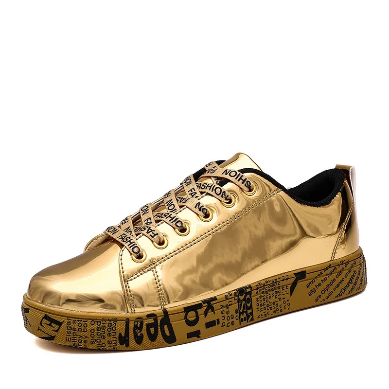 

Кроссовки мужские кожаные, повседневная Уличная обувь, на шнуровке, блестящие, в стиле хип-хоп, золотистые, серебристые, черные