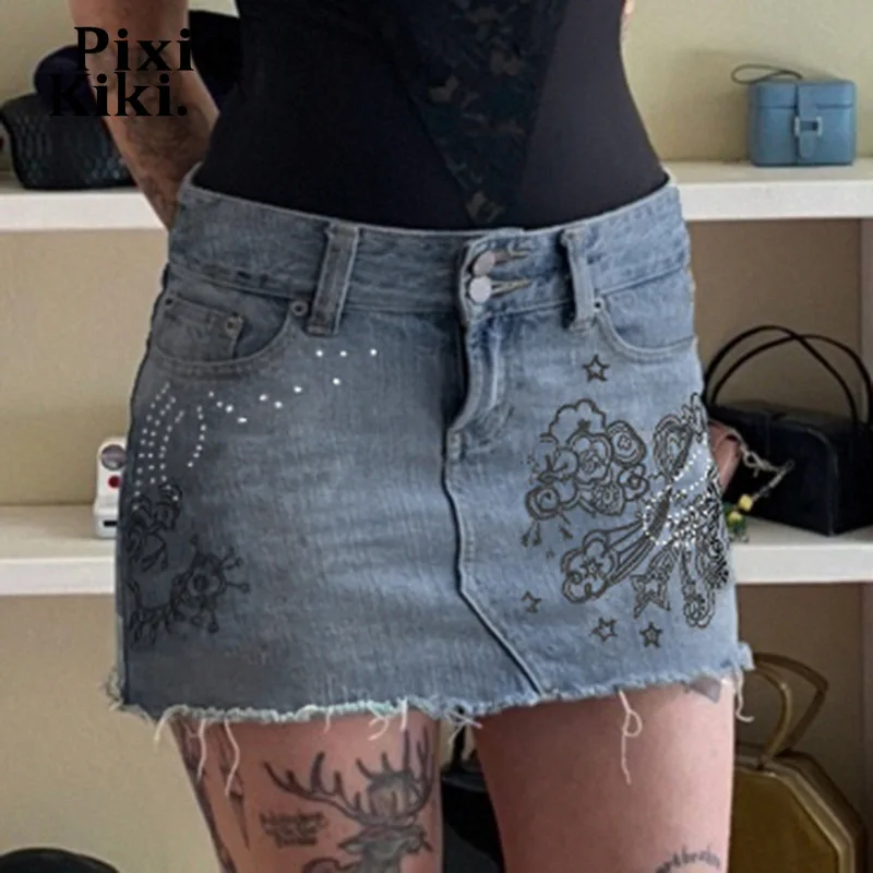 

PixieKiki Y2k Rhinestone Graphic Denim Skirts Womens 2022 Summer Cute Sexy Jean High Waist Mini Skirts for Girls P77-DZ27