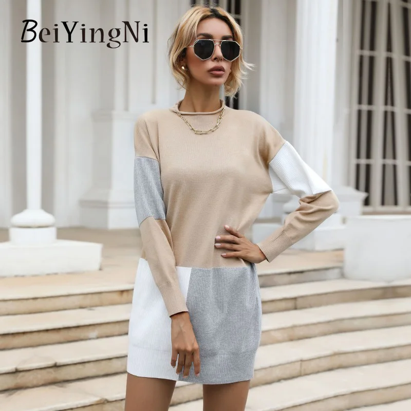 

Женское свободное платье-свитер Beiyingni, повседневное мини-платье цвета хаки с круглым вырезом и длинным рукавом, 2022