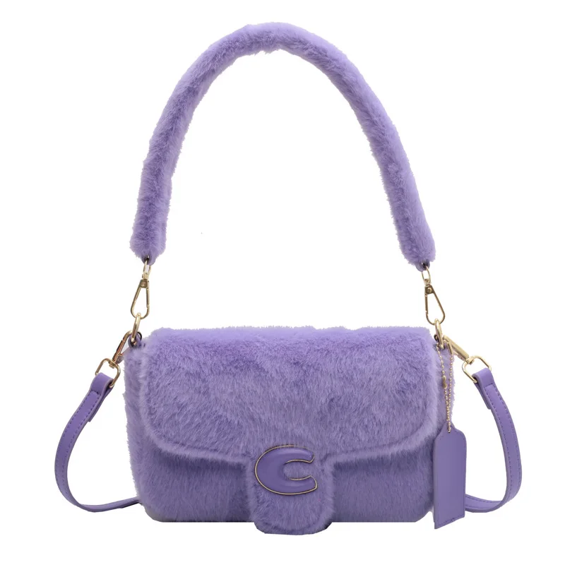 

Модные зимние новые плюшевые сумки для женщин, квадратные сумки с клапаном, фиолетовые сумки через плечо