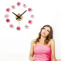 floral 3d stickers wall clock pink rose diy clock quartz needle flower horloge modern design living room home decor quiet