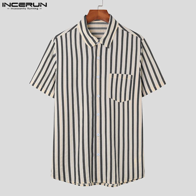 

INCERUN Tops 2023 Korean Style Men's Striped Cotton Linen Shirts Casual Streetwear Male Short Sleeved Lapel Buttons Blouse S-5XL