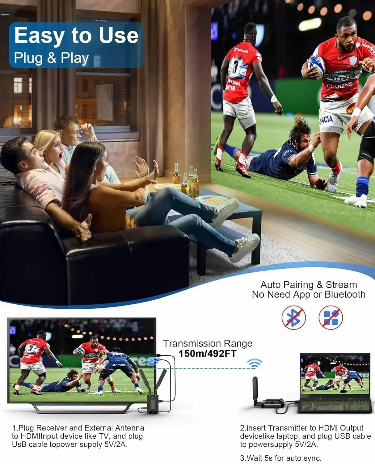 Беспроводной передатчик HDMI-приемник комплект расширителя передачи видео 4K 492FT 5G