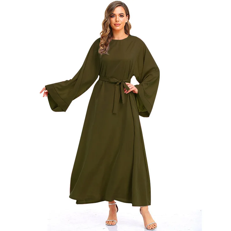 Muslim Abayat Solid Color Loose Lace Robe Femme Musulman Trumpet Sleeve Ladies Dress for Middle East, Europe and America