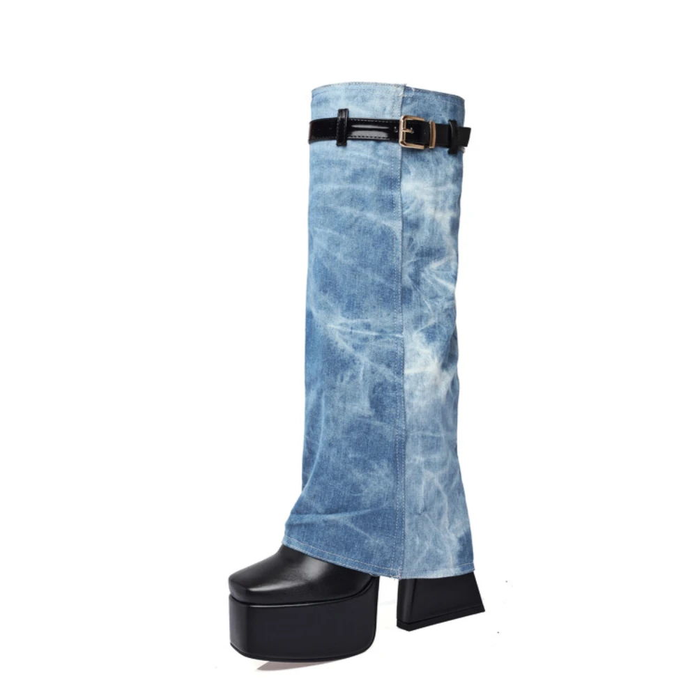 

Pants Boots Fashion Mixed Color Chunky Heels Slip-on Knee High Boots Denim stitching Design street style Girls boots large size