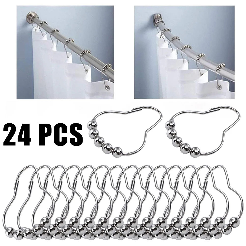 

24pcs Stainless Steel Curtain Hook Bath Curtain Rollerball Shower Curtain Rings Hook Polished Satin Ball Curtain Accessories