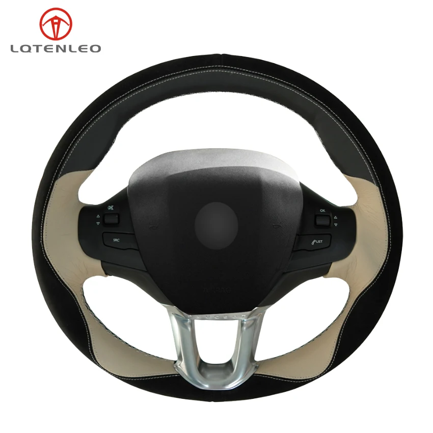 

LQTENLEO Black Beige Leather Black Suede Car Steering Wheel Cover for Peugeot 208 2011-2019 Peugeot 2008 2013-2019 Peugeot 308S