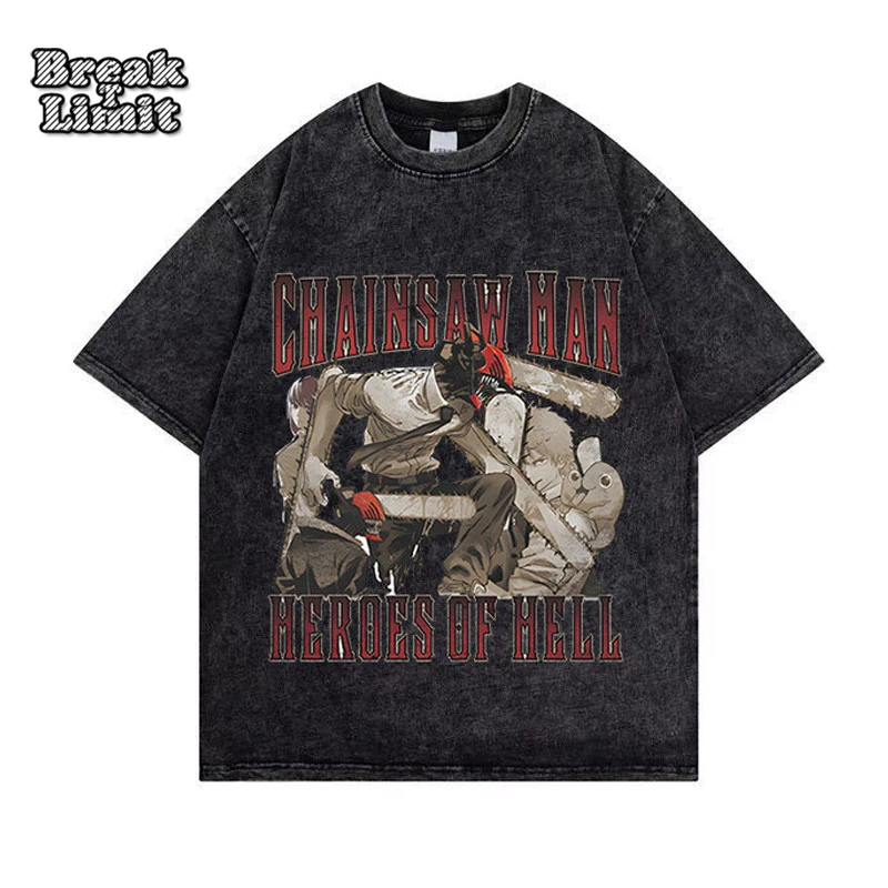 

Мужские футболки с рисунком из аниме «бензопила», топы с узором Denji Makima, винтажная уличная одежда из 100% хлопка с потертостями, летние футболк...