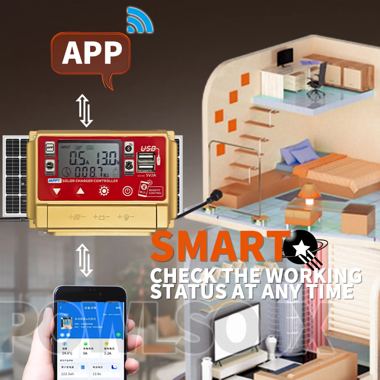 Солнечный контроллер POWLSOJX Bluetooth/WiFi с ЖК-дисплеем двойной USB-выход зарядка MPPT для