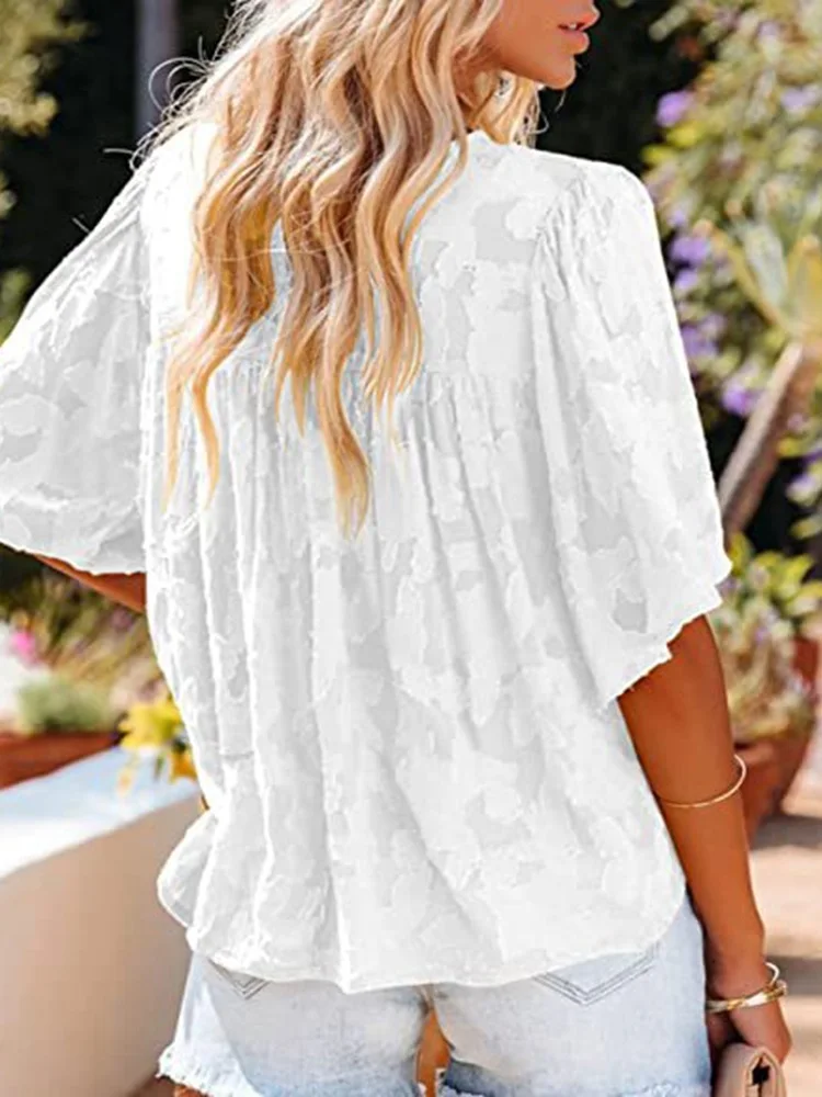 Chiffon Blouse Women New Summer Hollow Out Loose Shirt Tops Casual Short Sleeve Floral Printed Crew Neck Ruched 2022 |